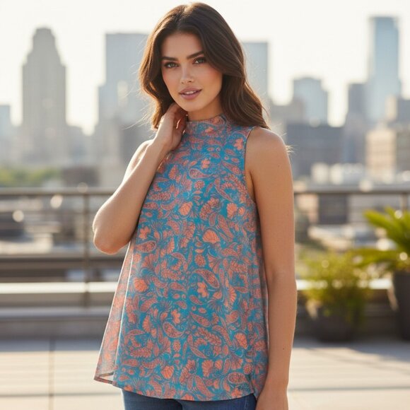 EVERLY ANTHRO Halter Swing Top S Blouse Mock Neck Tunic Mod Retro Floral Chiffon - Picture 15 of 15